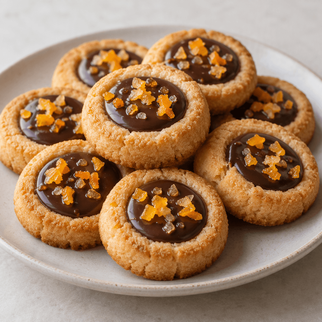 Small round, golden-brown tart-shaped cookies with shallow centers filled with dark chocolate and dotted with bright orange pieces, arranged on a plate.