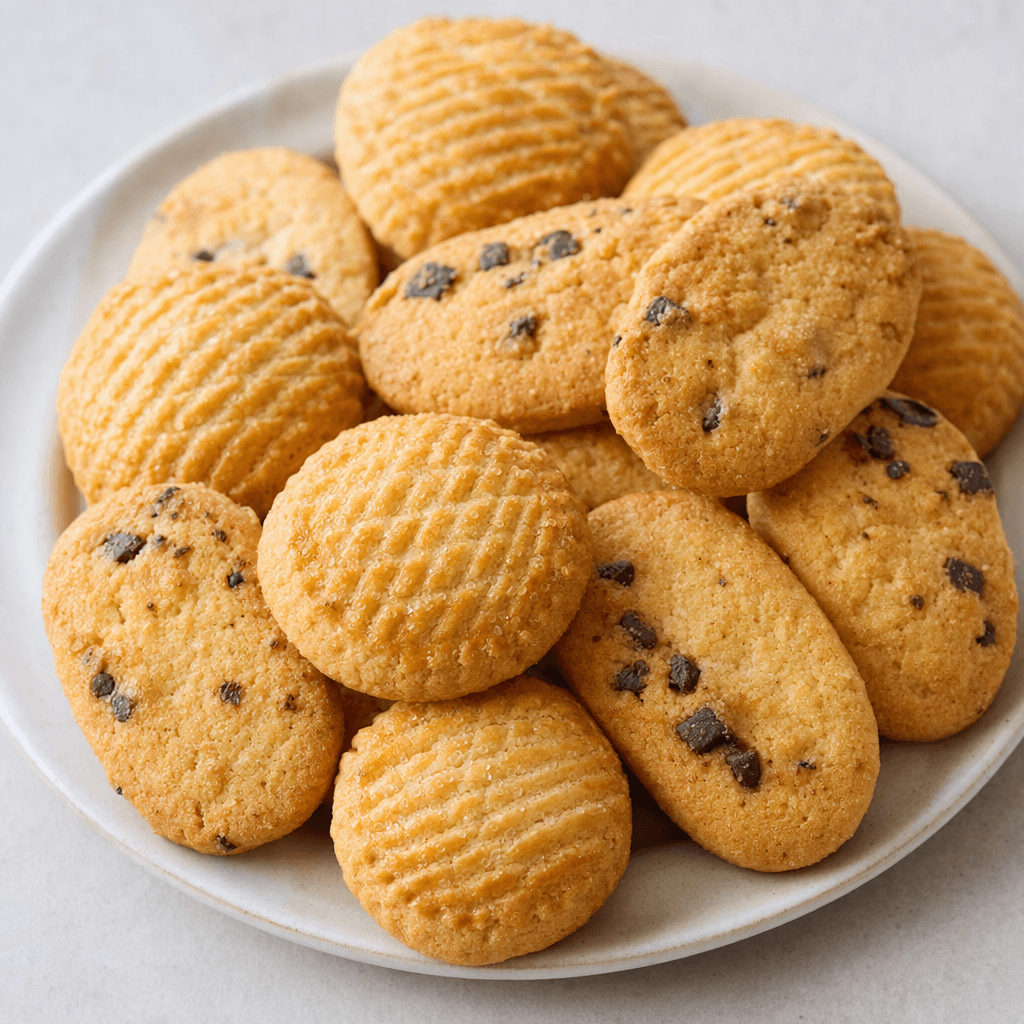 A small assortment of golden-brown biscuits in varied round and oval shapes, some dotted with dark chocolate pieces and others with lightly patterned tops, arranged together on a plate.