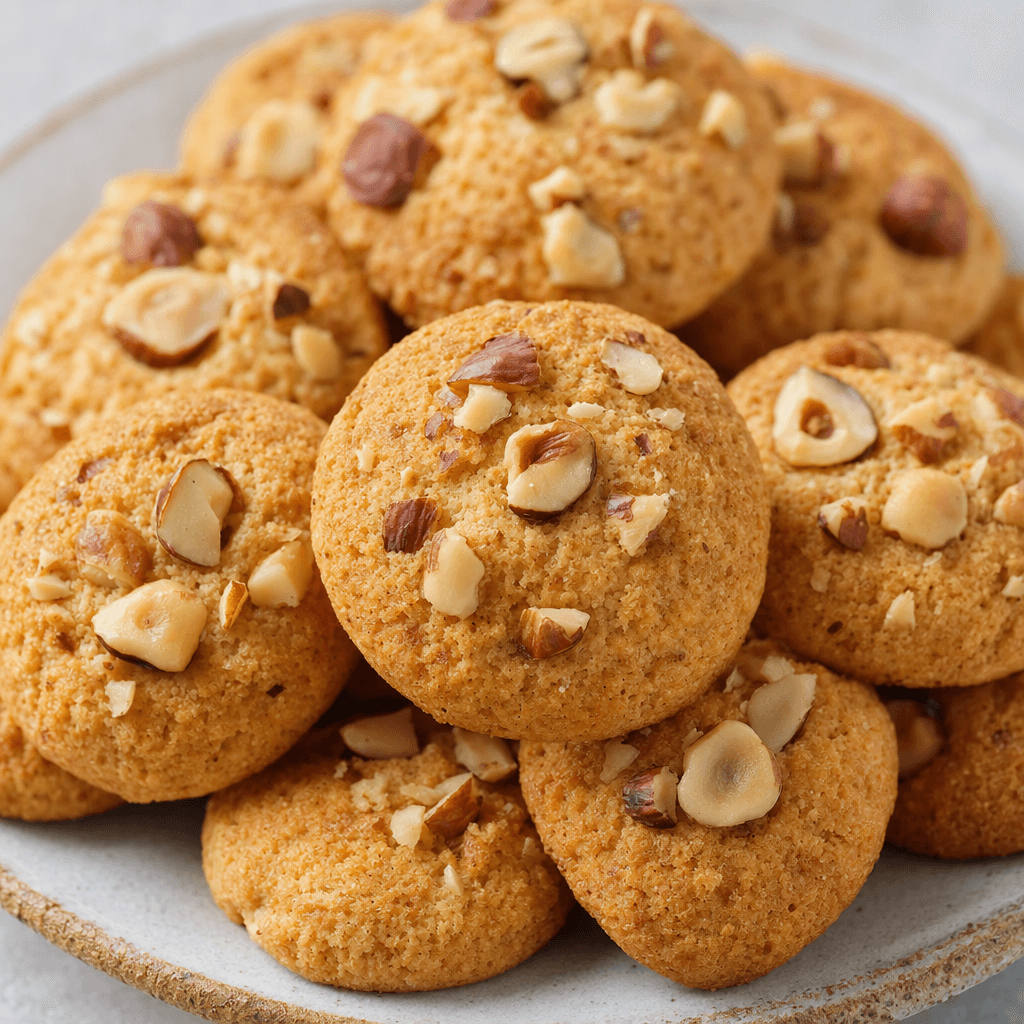 Small, round, slightly domed golden-brown biscuits with a coarse, crumbly surface and visible pieces of hazelnut scattered across the top.