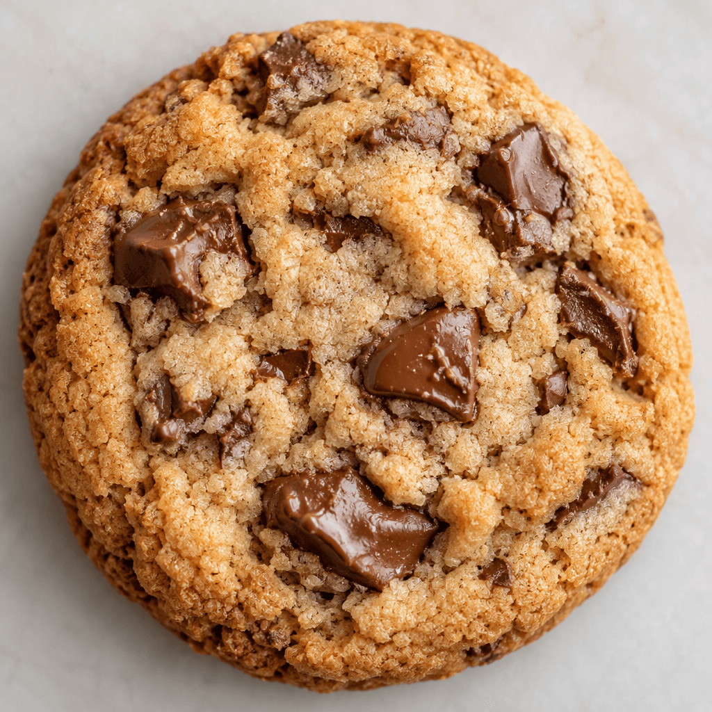 A round, golden-brown cookie with a slightly uneven, crumbly surface and visible pieces of milk chocolate scattered across the top.