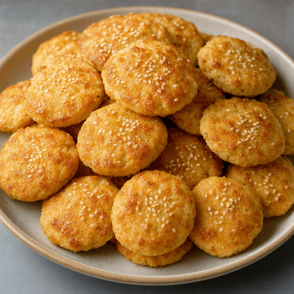 Small, golden-brown savory biscuits with a lightly blistered, crisp-looking surface and scattered sesame seeds are arranged on a plate.