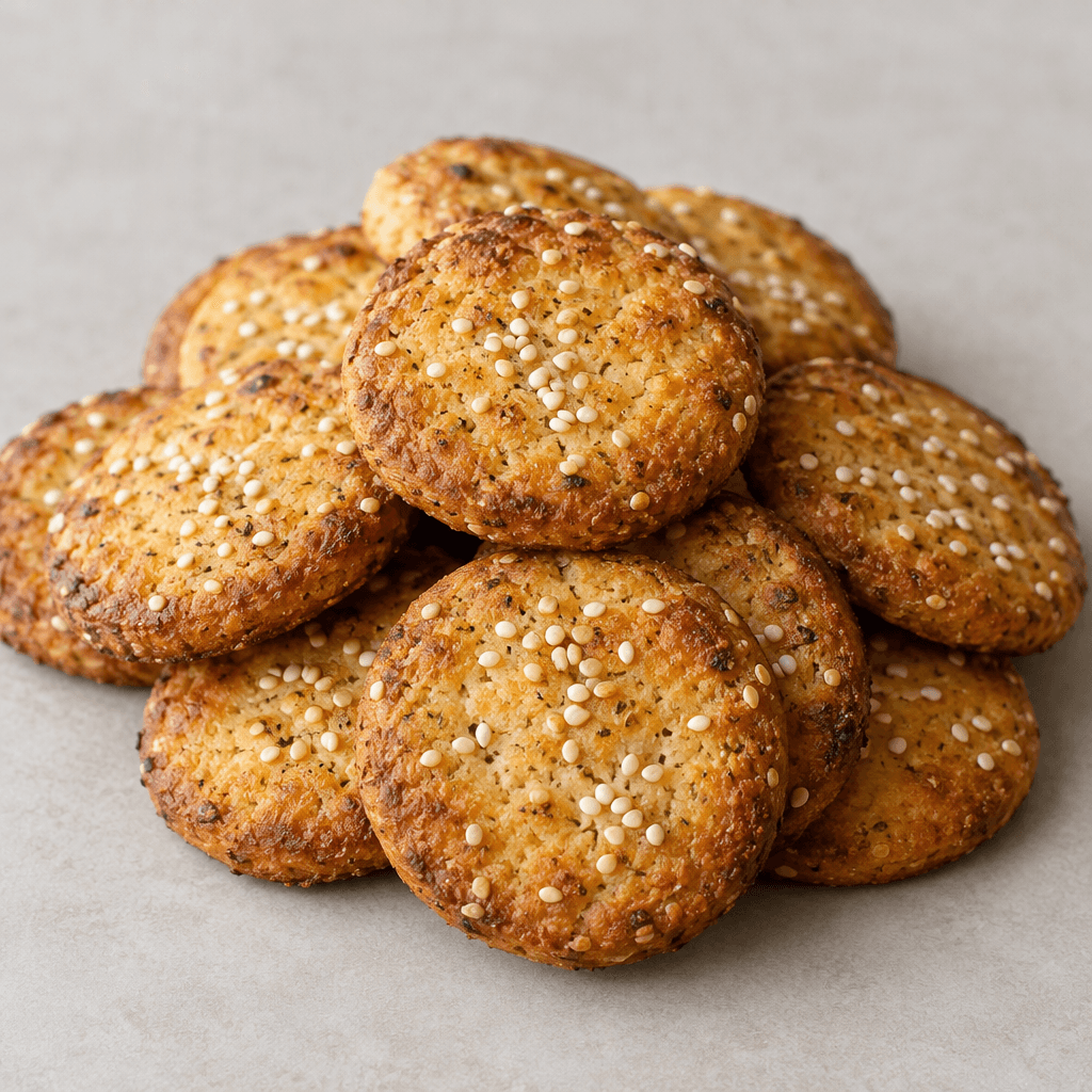 Small, flat, round savory biscuits with golden-brown tops, darker edges, and scattered sesame seeds, arranged in a loose pile.
