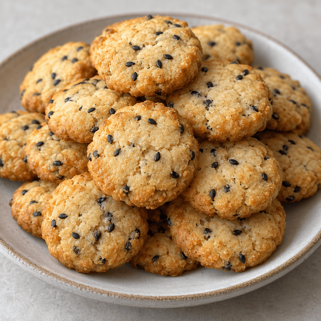 Small, round, slightly flattened savory cookies with golden-brown edges, a pale matte surface lightly cracked in places, and scattered black seeds visible on top.