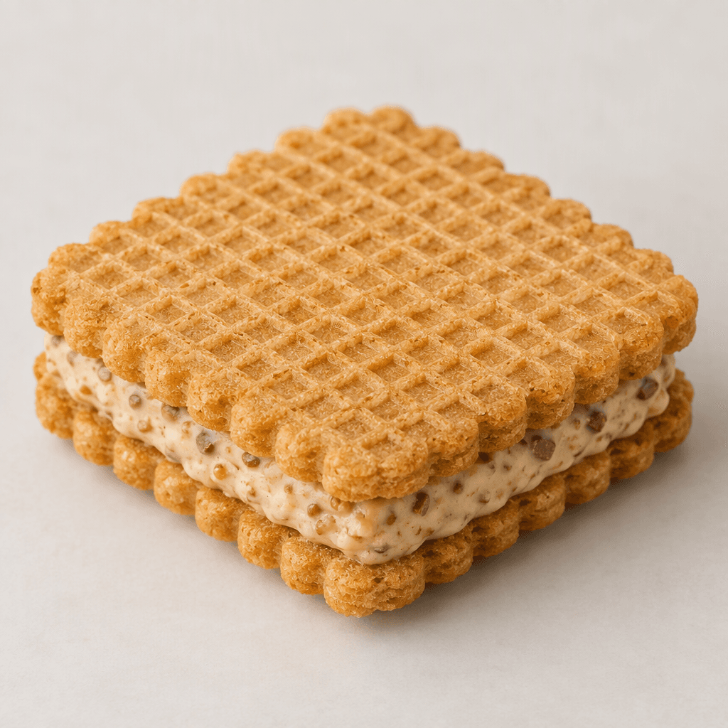 A golden-brown, square wafer sandwich with rounded, scalloped edges and a fine grid pattern on its crisp top, its layers enclosing a visible band of pale hazelnut cream flecked with small brown pieces.