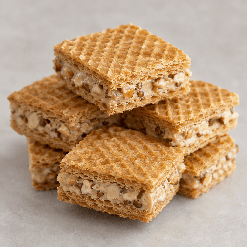 Small, square, golden-brown wafer sandwiches have a crisp grid pattern on top and a visible layer of pale hazelnut cream with chopped hazelnut pieces between the wafers.
