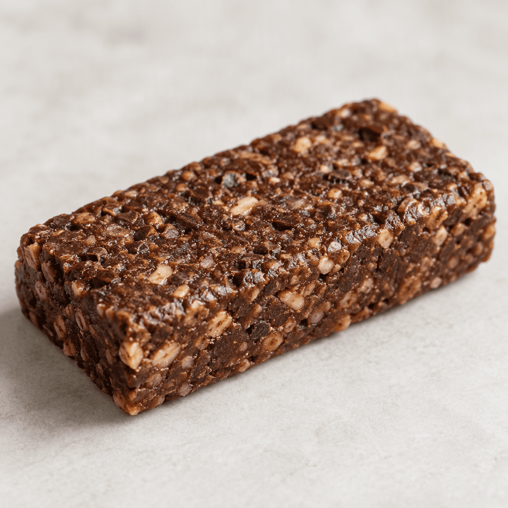 A compact rectangular chocolate-brown protein bar with a slightly uneven, textured surface and dense-looking edges, shown whole.