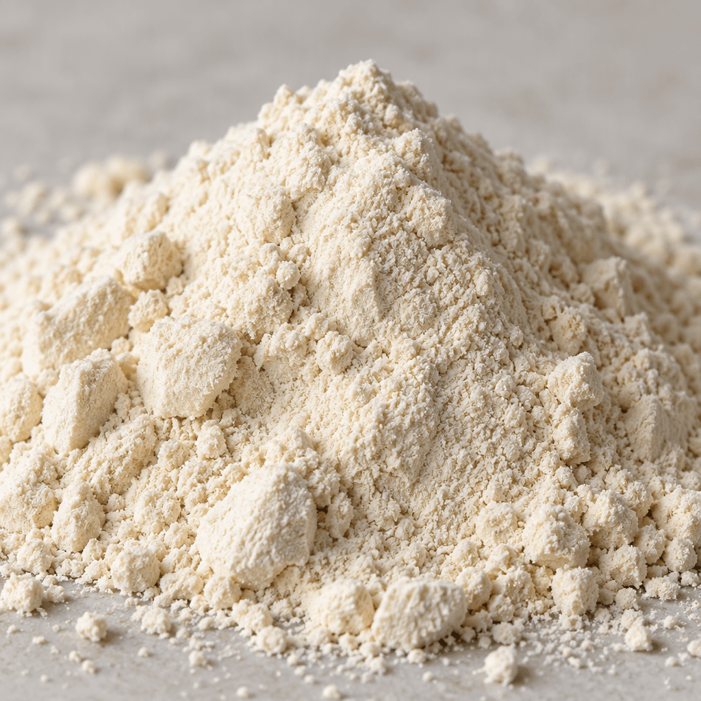 A mound of fine, pale cream-colored protein powder with a soft, slightly clumpy texture.
