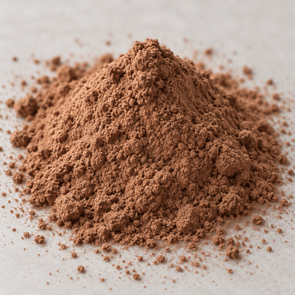 A mound of fine, loose milk-chocolate-brown powder with a soft, matte, slightly grainy surface and a light dusting scattered around it.