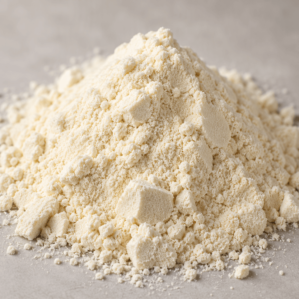 A fine, pale cream-colored protein powder sits in a soft mound with a lightly granular, dry texture.