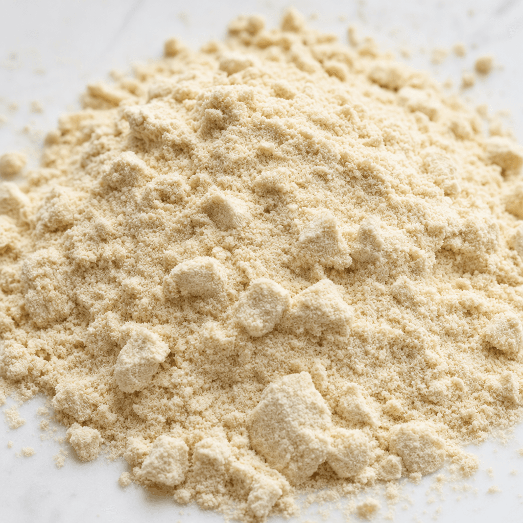 A loose mound of fine, pale beige protein powder with a softly granular texture and a few small clumps.