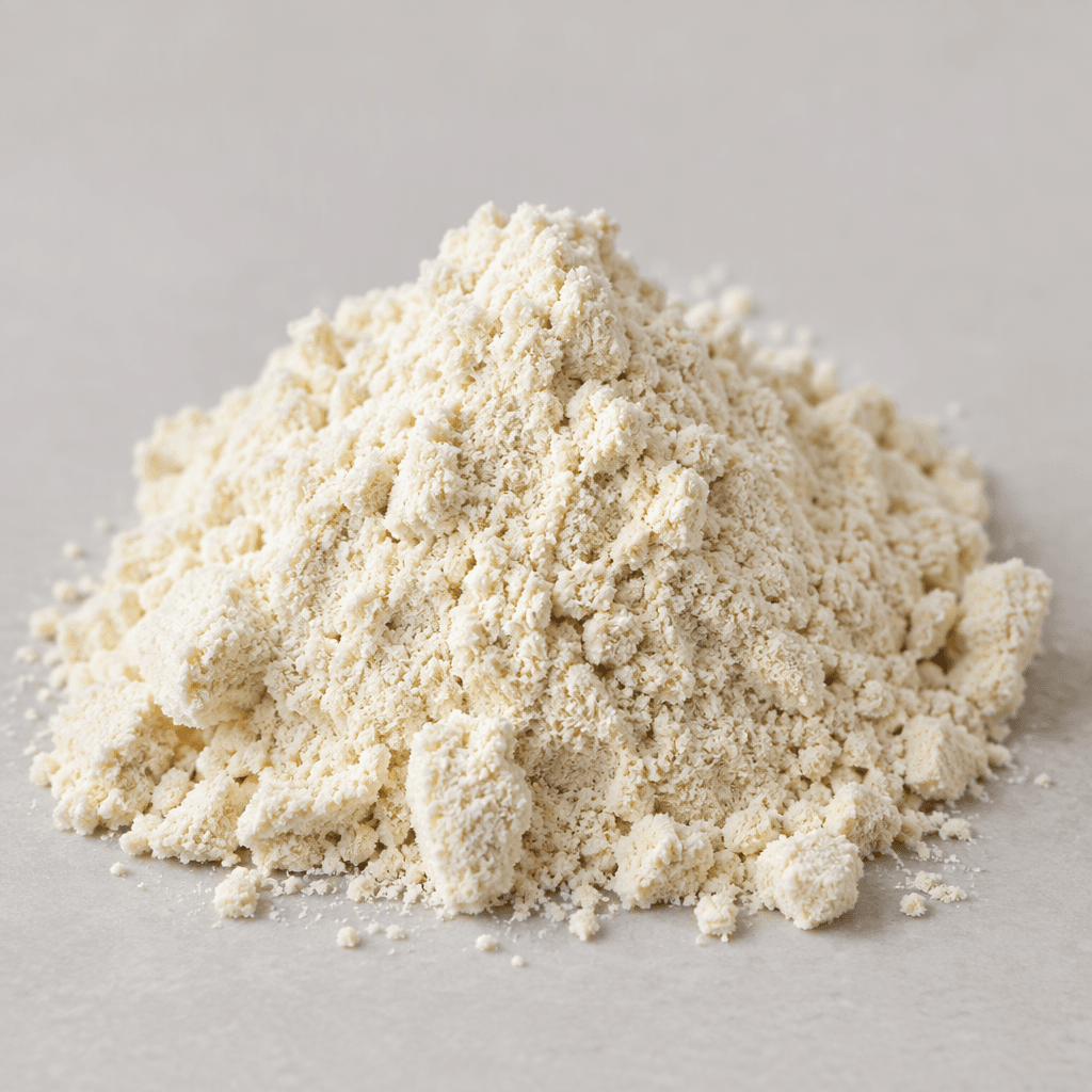 A fine, light cream-colored protein powder with a soft, slightly clumpy texture, shown in a small mound.