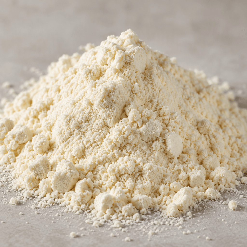 A mound of fine, pale cream-colored whey protein powder with a soft, slightly dusty texture.