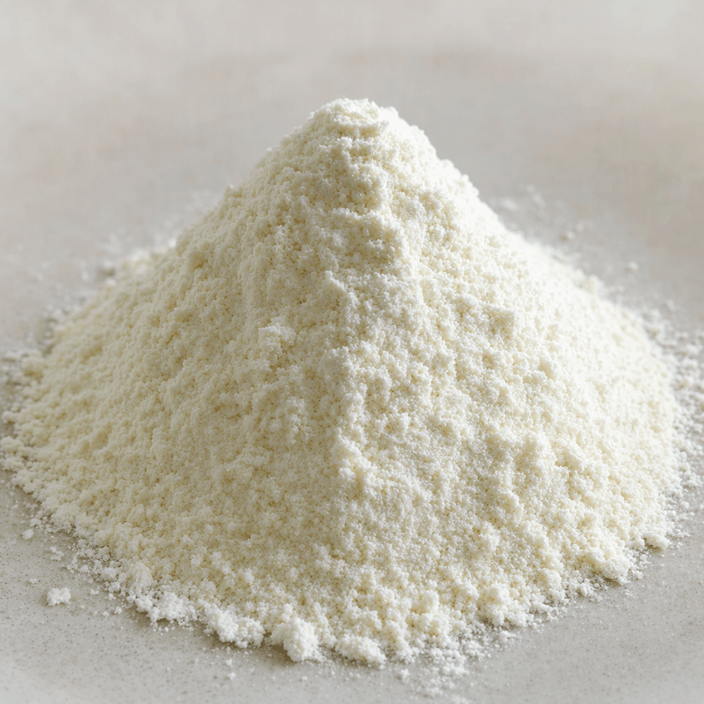 A fine, dry white powder sits in a small mound, with a smooth, lightly granular surface.
