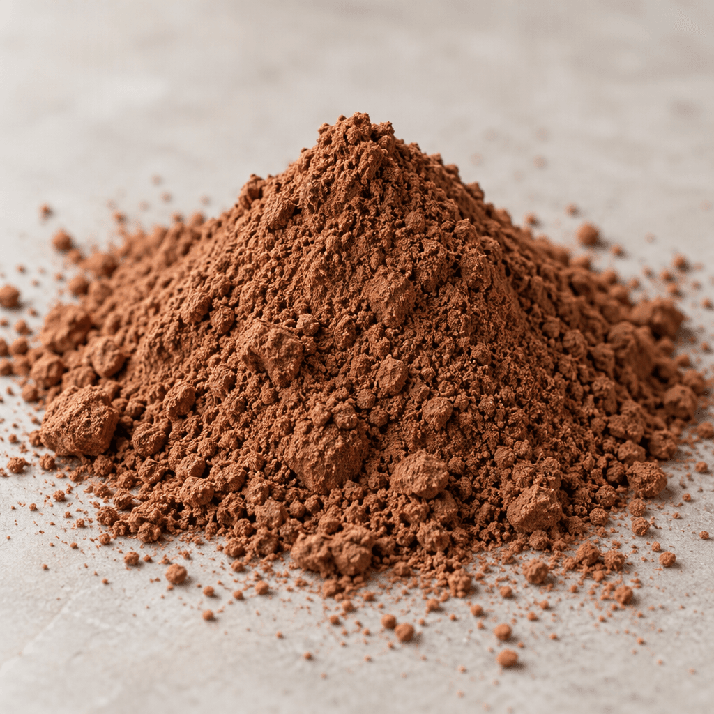 A small mound of fine, cocoa-brown powder with a soft, slightly granular texture, scattered lightly around its base.