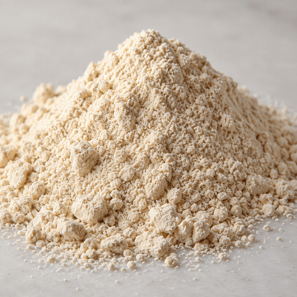 A mound of fine, pale beige powder with a slightly grainy texture, loosely piled on a plain surface.