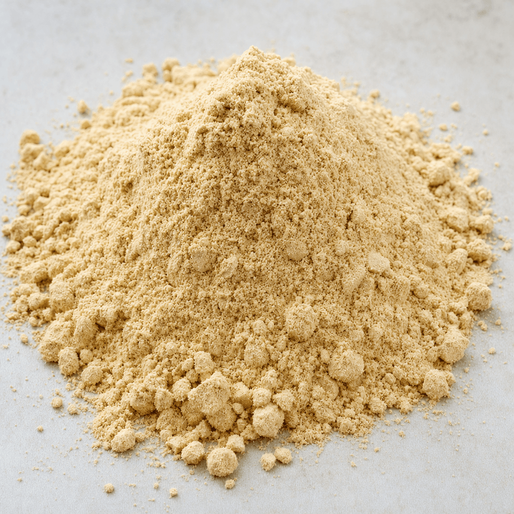 A mound of pale beige, finely ground powder with a few small clumps.