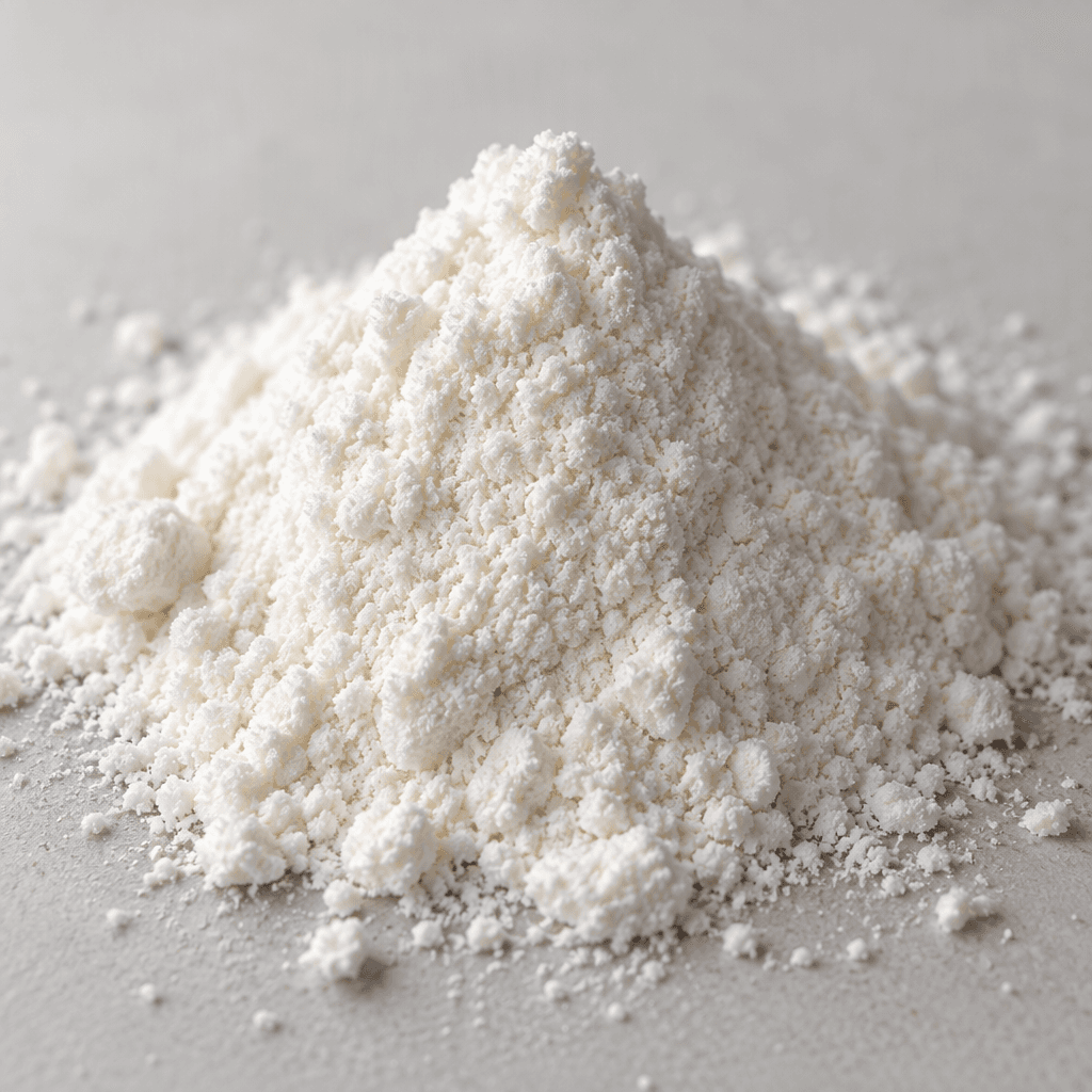 A small mound of fine, loose, pale white powder with a slightly granular texture.