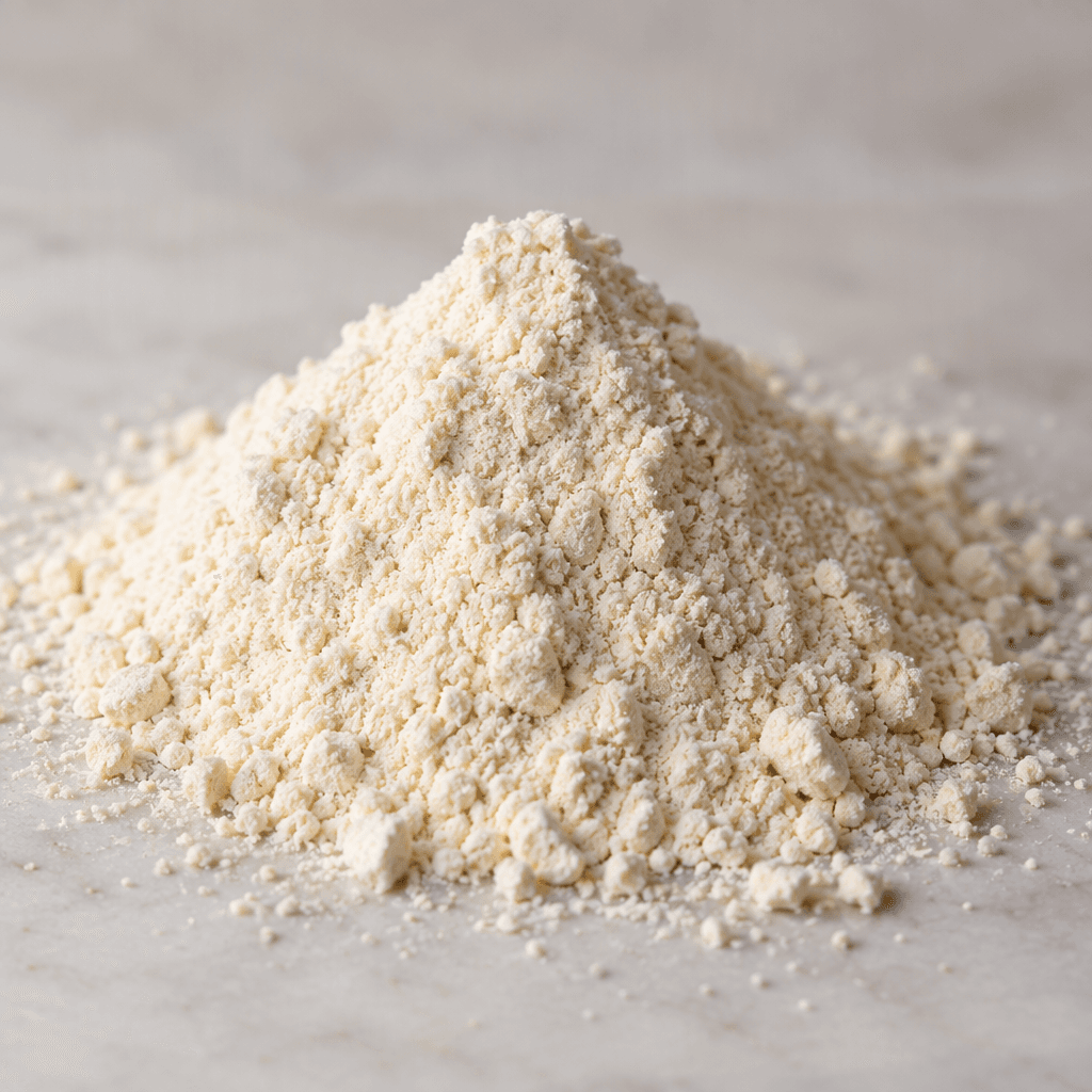 A small mound of fine, dry, pale powder with a lightly grainy texture sits on a clean surface.