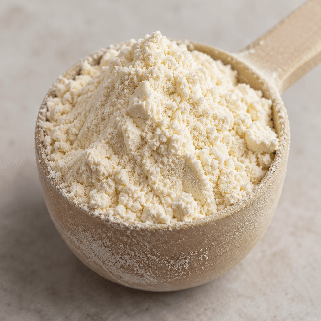 A mound of fine, dry, pale cream-colored powder with a soft, slightly clumped texture sits in a small scoop.
