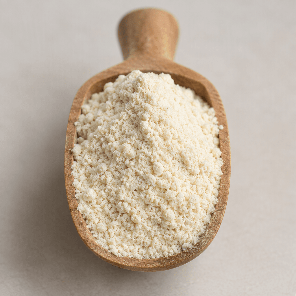 A small mound of fine, pale powder with a slightly grainy texture sits in a scoop.
