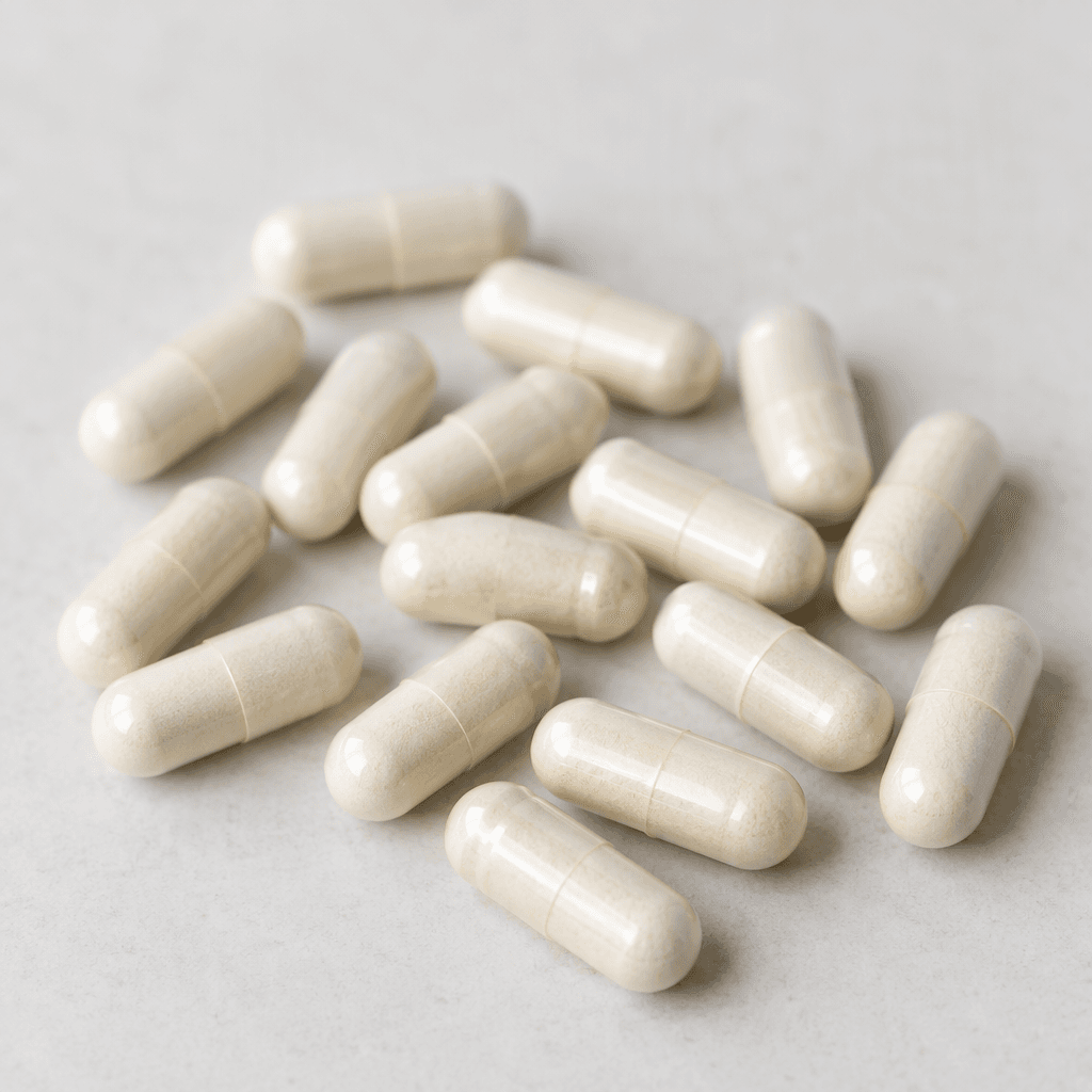 Small, smooth, pale capsules with rounded ends are scattered loosely across a clean, light surface.