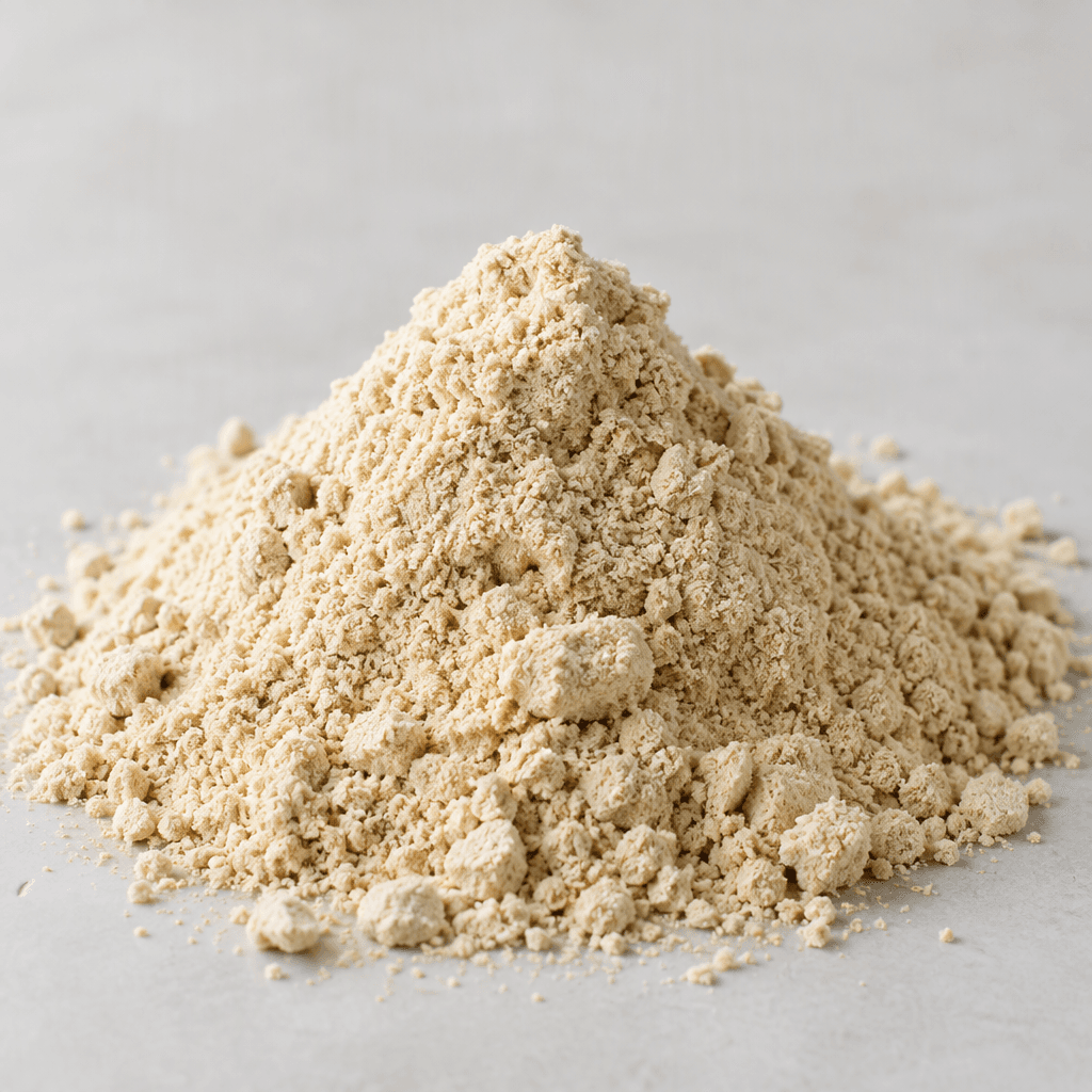 A mound of fine, slightly clumpy beige powder sits in a small pile.