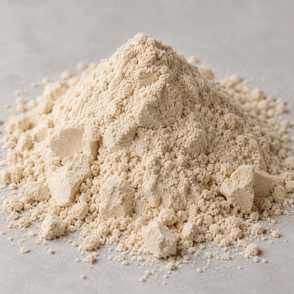 A mound of fine, light beige protein powder with a soft, dry texture, loosely piled on a plain surface.