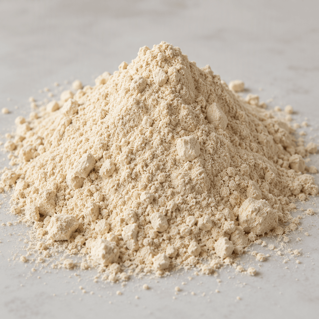 A loose mound of fine, pale beige powder with a few small clumps sits on a clean surface.