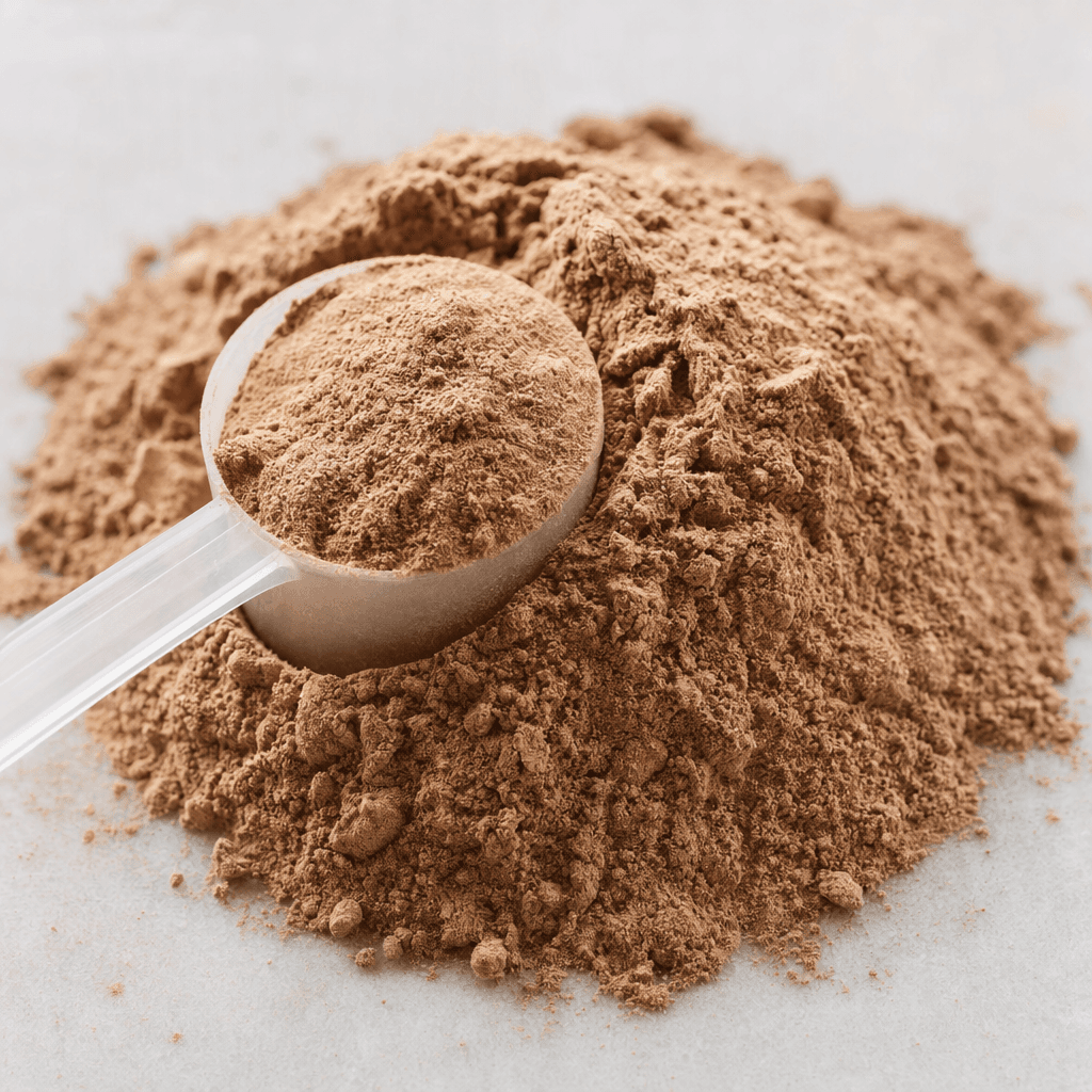 A mound of fine, light cocoa-brown powder with a soft, slightly clumpy texture, loosely piled beside a scoop.
