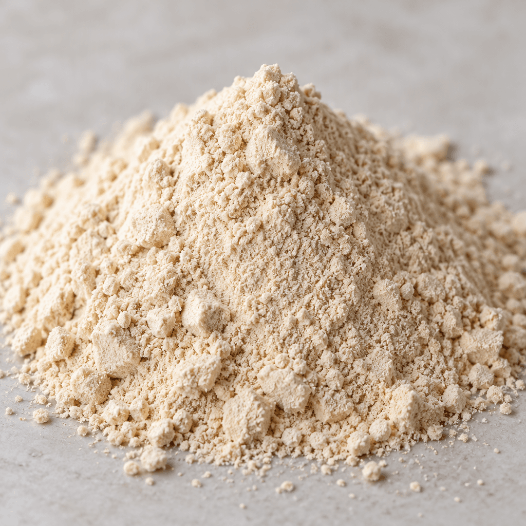 A small mound of fine, dry, pale beige protein powder with a slightly grainy surface.