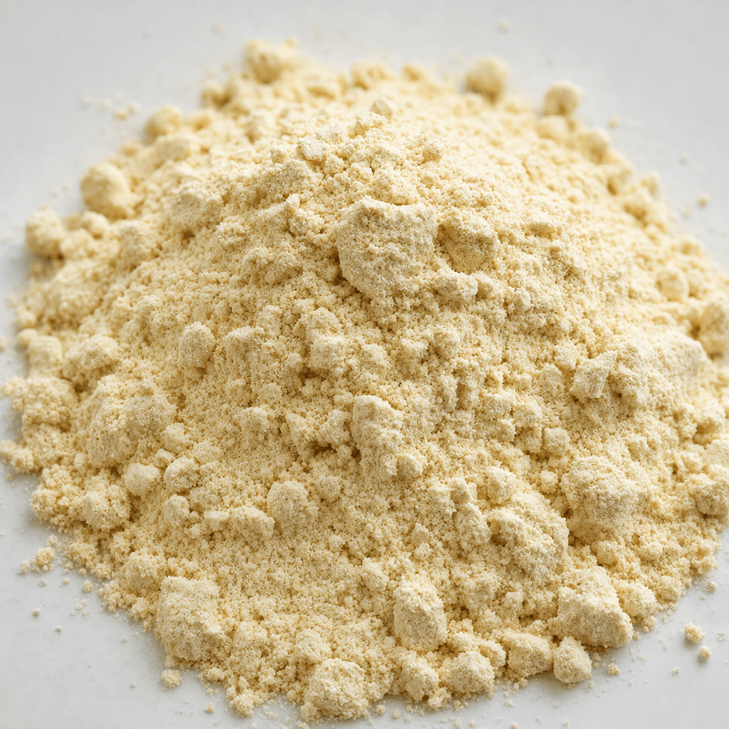A loose mound of fine, dry, pale beige powder with a slightly grainy, lightly clumped texture.