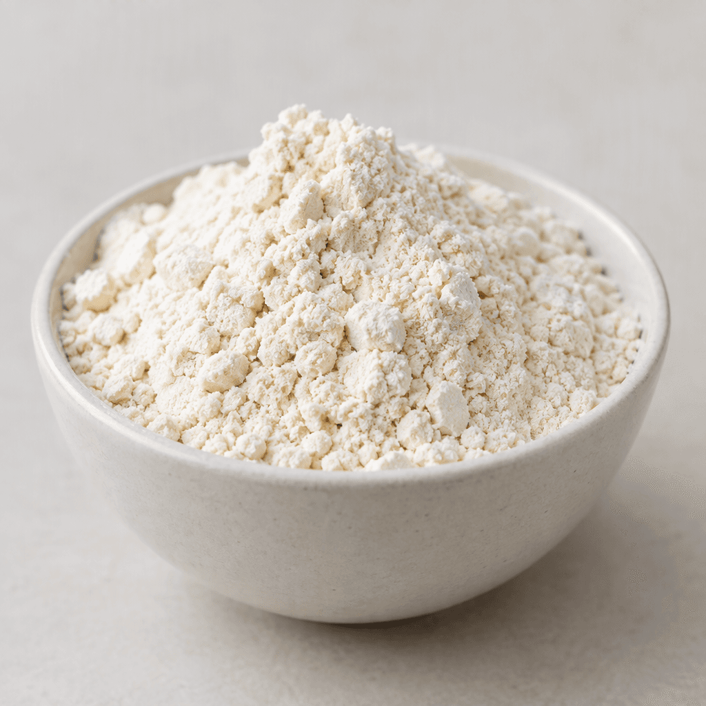A fine, dry, off-white powder sits loosely mounded in a scoop or small bowl, with a soft, slightly clumpy texture.