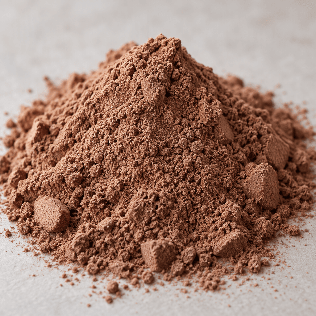 A small mound of fine, matte cocoa-brown protein powder with a soft, loose texture and a few tiny clumps.