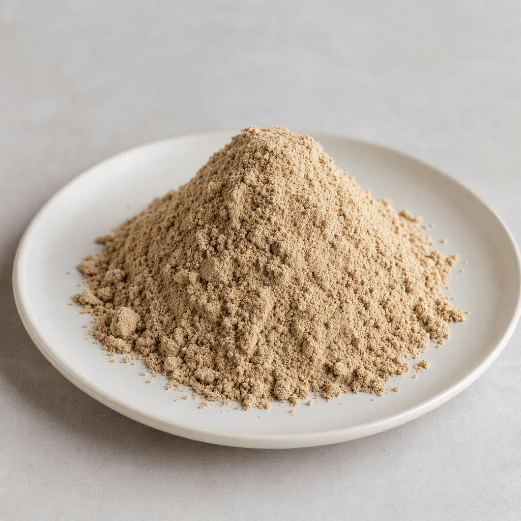 A small mound of fine, matte, pale beige-brown protein powder with a loose, slightly grainy surface sits on a plain dish.