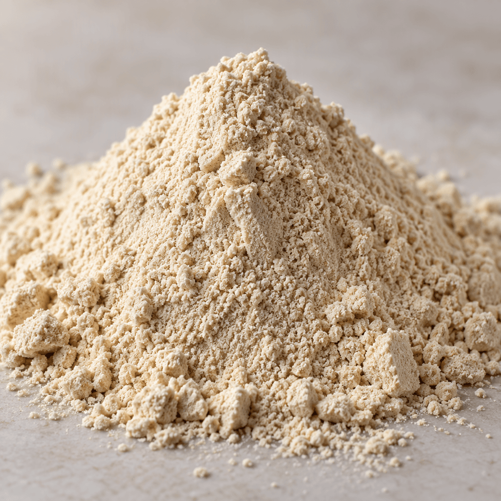 A mound of fine, pale beige plant-protein powder with a soft, slightly grainy surface.
