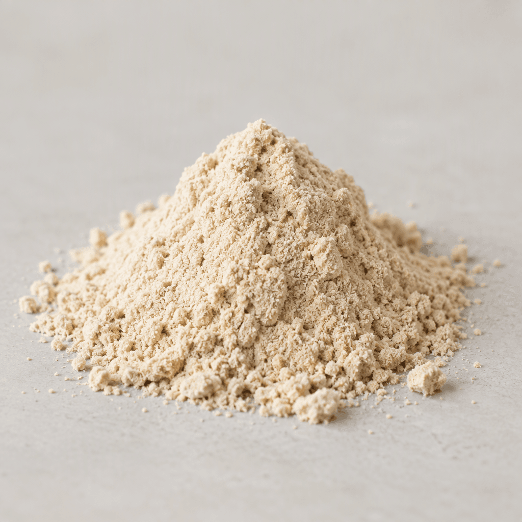 A small mound of fine, pale beige protein powder sits loosely on a flat surface, with a soft, slightly grainy texture.