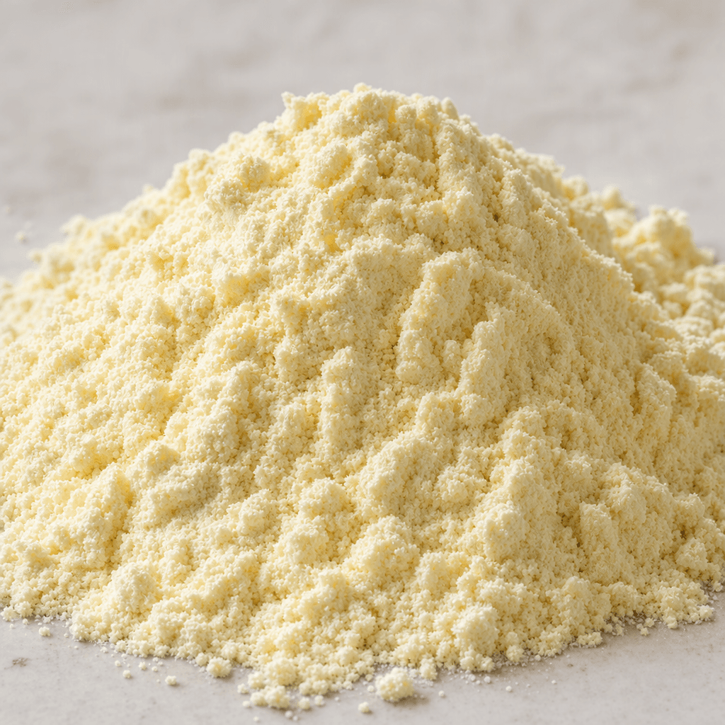 A mound of fine, pale cream-colored protein powder with a soft, dry, slightly grainy texture.