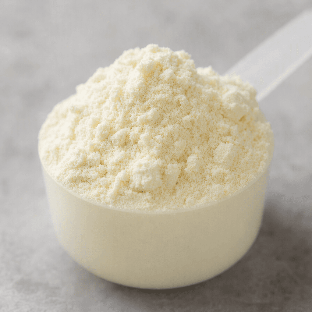 A mound of fine, pale cream-colored protein powder with a soft, slightly clumpy texture sits in a small scoop.
