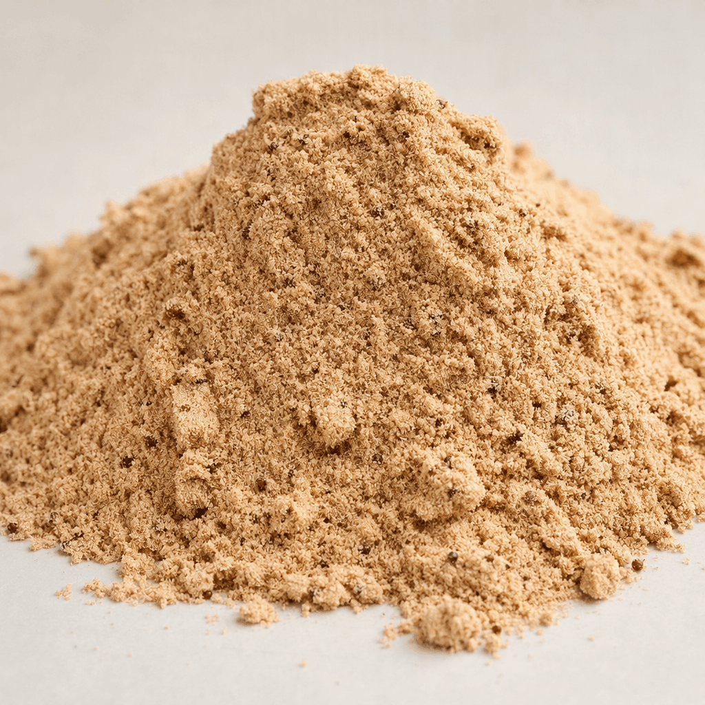 A mound of fine light-brown protein powder with a few darker specks, loosely piled on a plain surface.