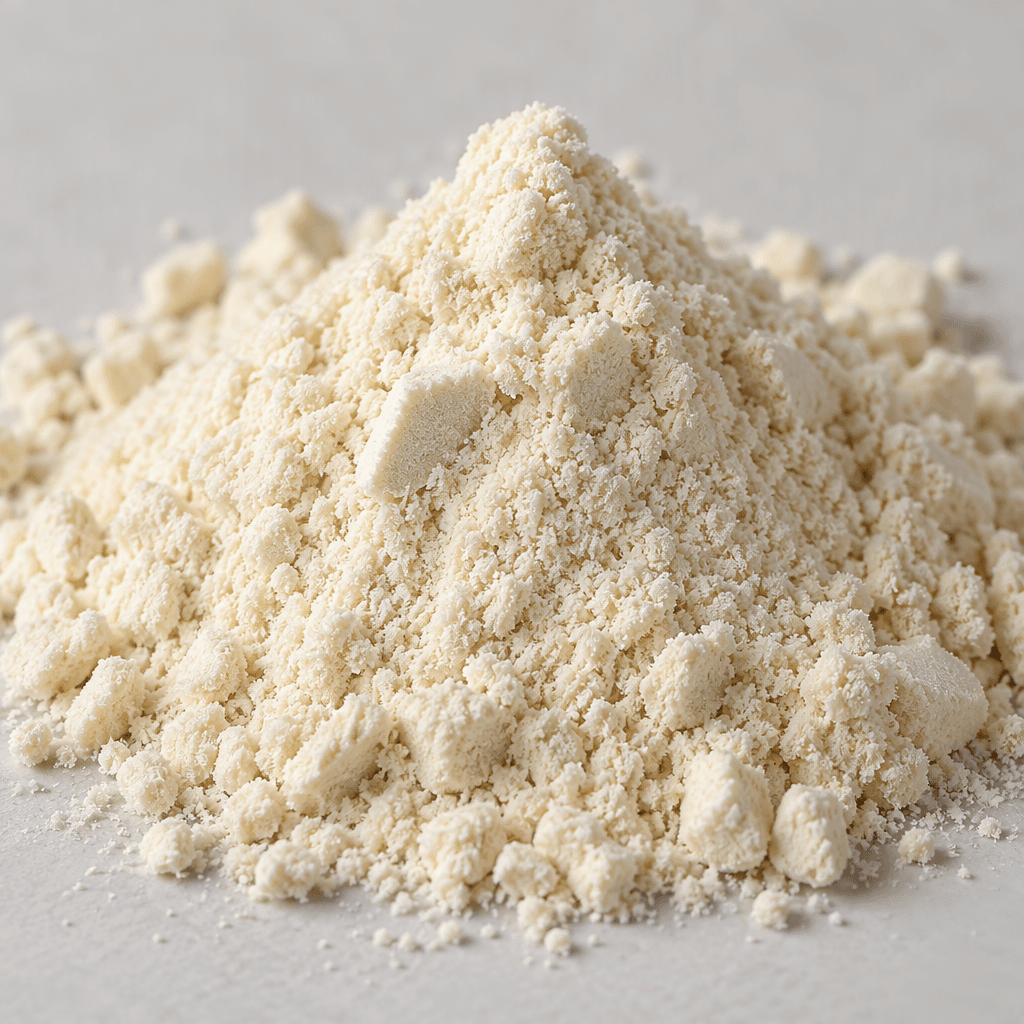 A small mound of fine, pale cream-colored protein powder with a softly granular, slightly clumped texture.