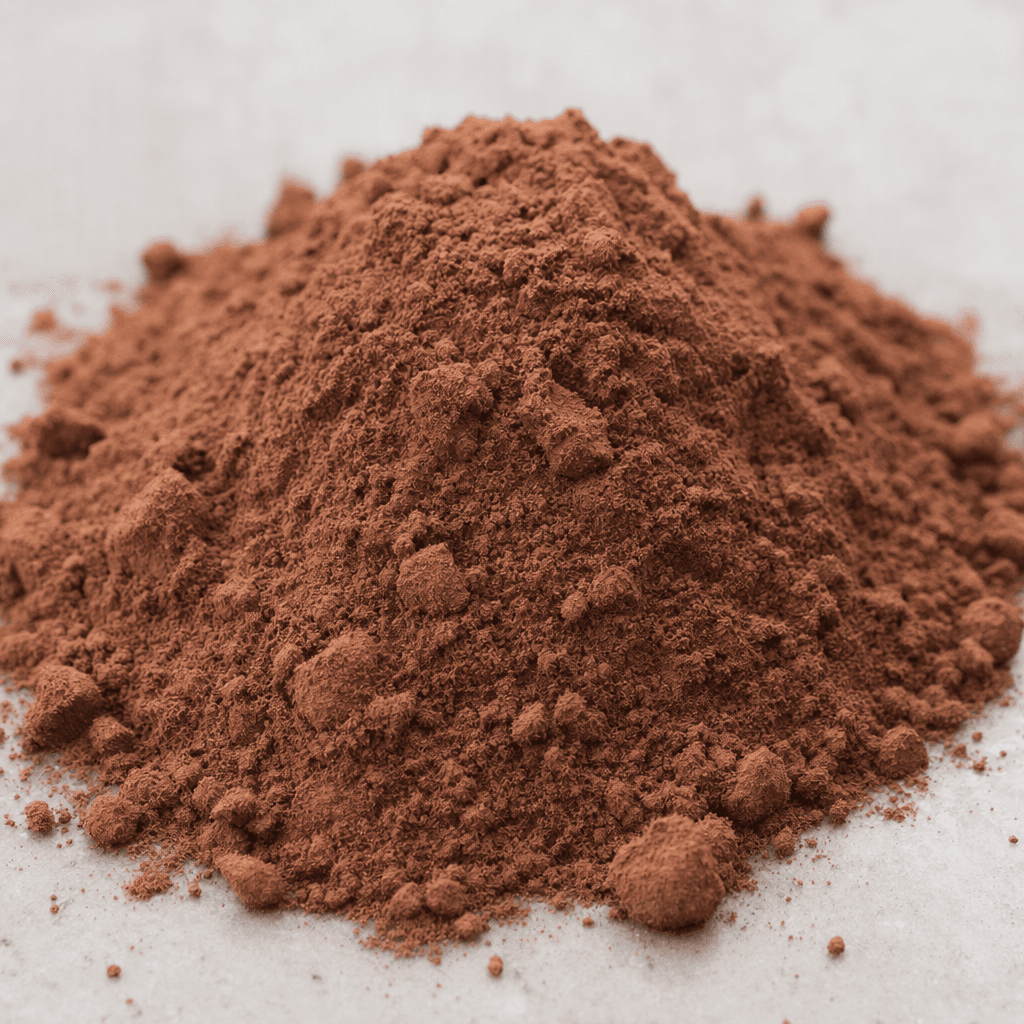 Fine, dry cocoa-brown powder sits in a small loose mound, with a smooth, sifted texture and a few tiny clumps.