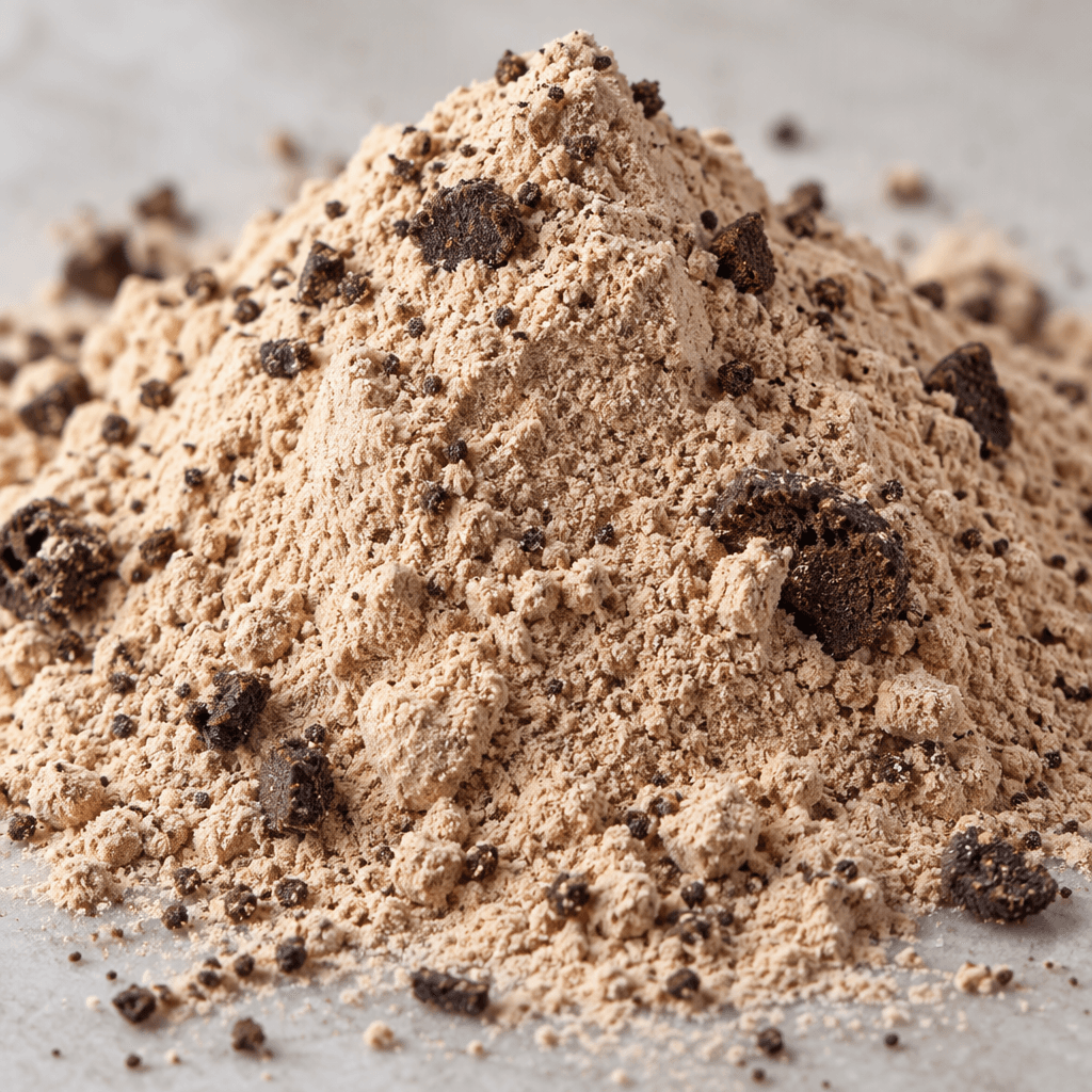 A mound of fine beige protein powder with scattered darker brown cookie-like crumbs and flecks.
