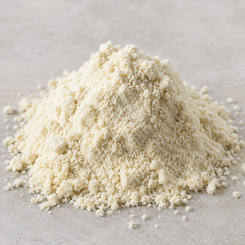 A mound of pale cream-colored whey protein powder with a fine, soft texture and a few loose grains scattered around it.