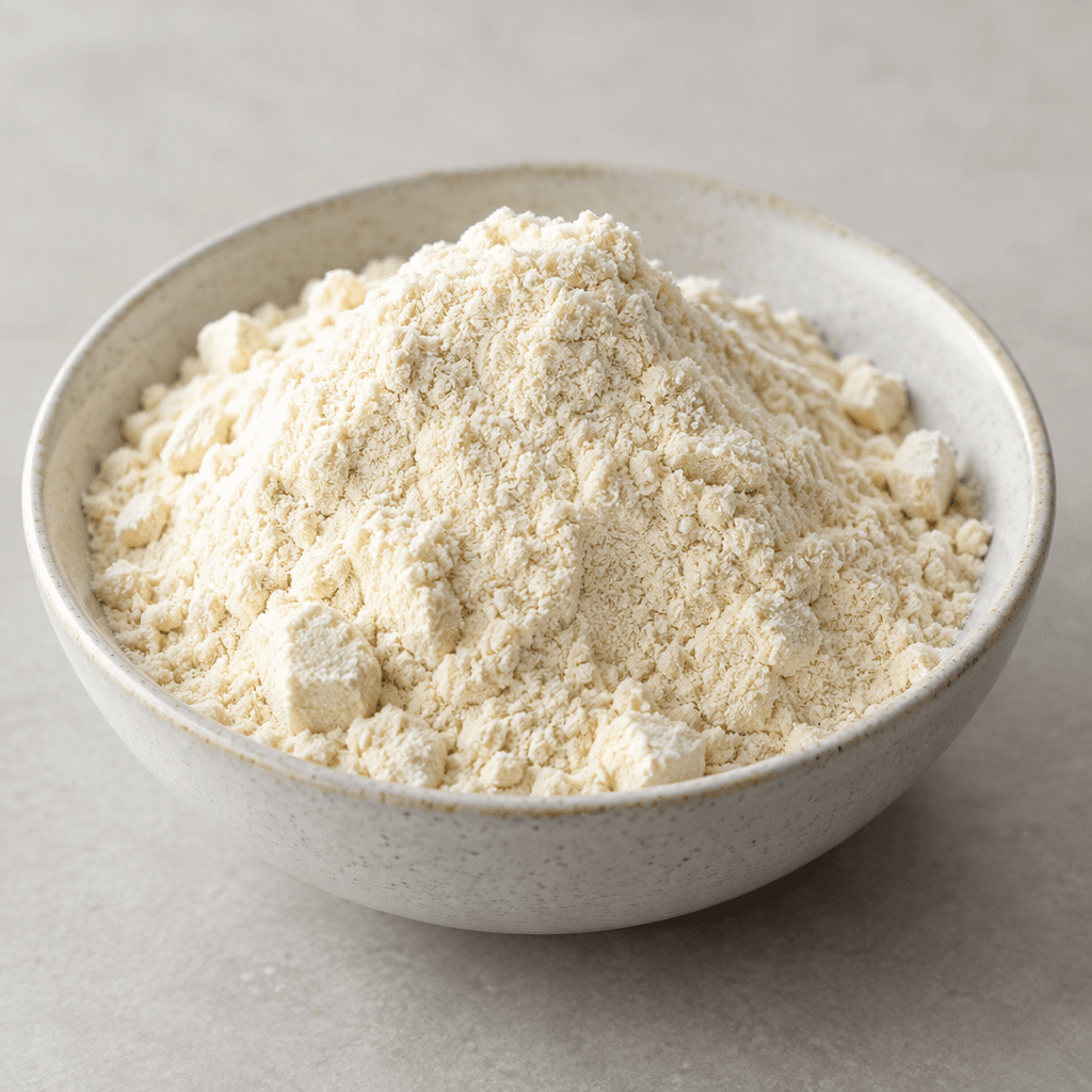 Fine, pale cream-coloured whey protein powder sits as a loose mound with a few small clumps in a shallow bowl.