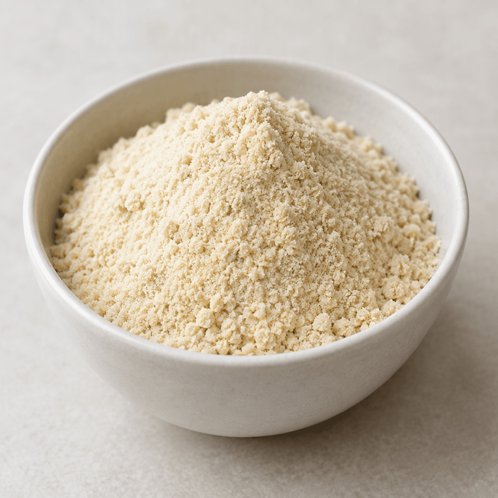 A small mound of fine, pale beige powder with a slightly grainy texture sits in a plain bowl.