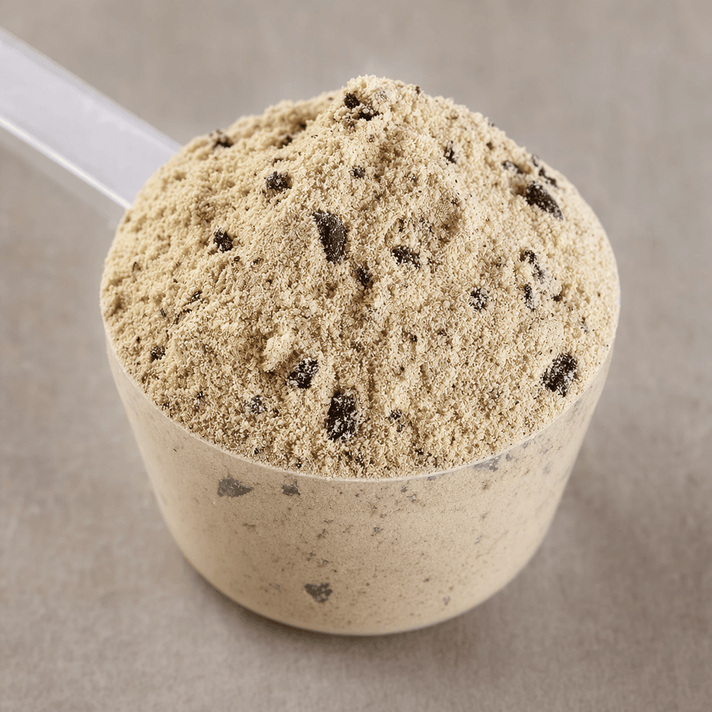 A mound of fine, light beige protein powder with scattered darker cookie-like flecks sits in a small scoop.