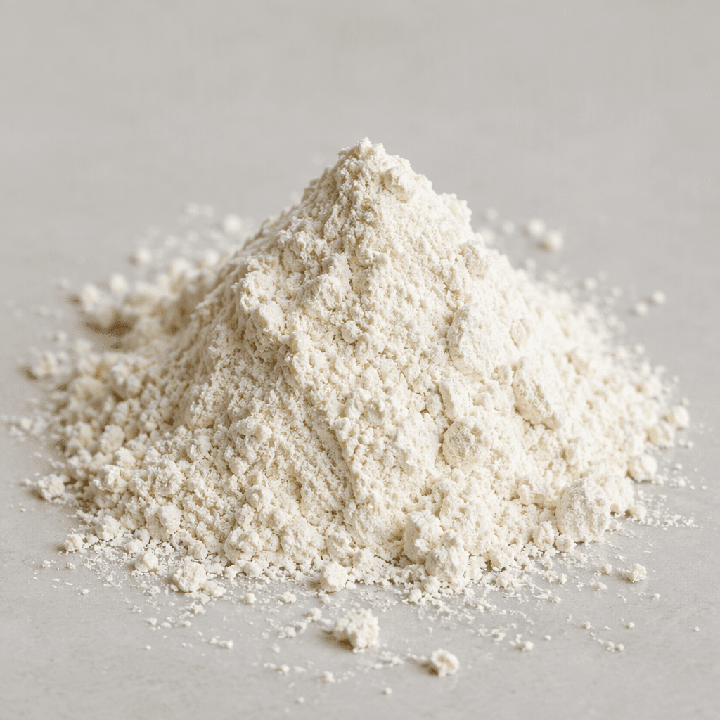 A fine, dry white to pale cream-colored powder sits in a small mound, with a soft, powdery texture and a few loose grains scattered around it.