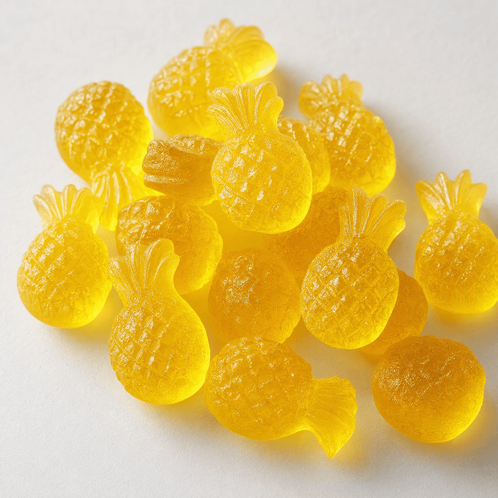 Small, translucent yellow gummy candies shaped like pineapples, with a bumpy, diamond-patterned body and a ridged leafy crown, arranged loosely on a plain surface.