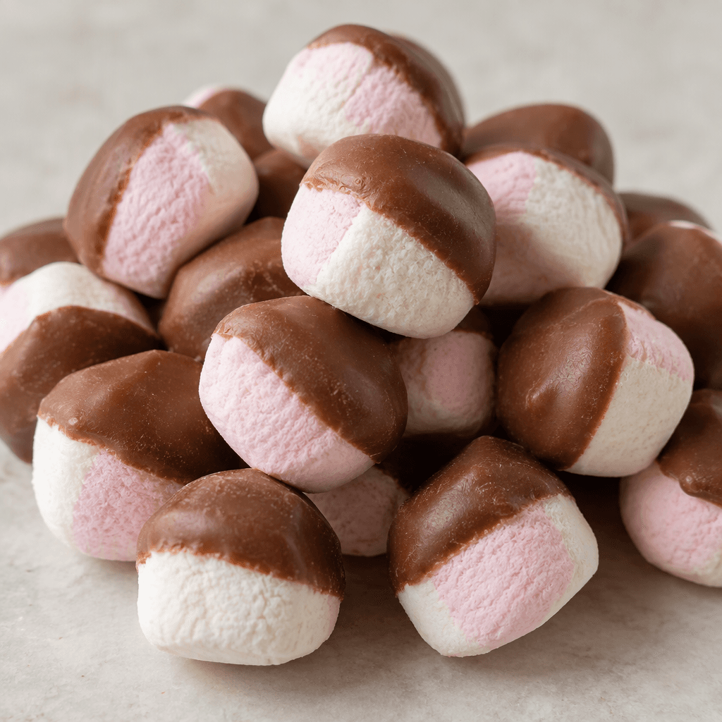 Small, rounded marshmallow pieces with pale pink and white centers, coated on one side in a smooth layer of brown chocolate.