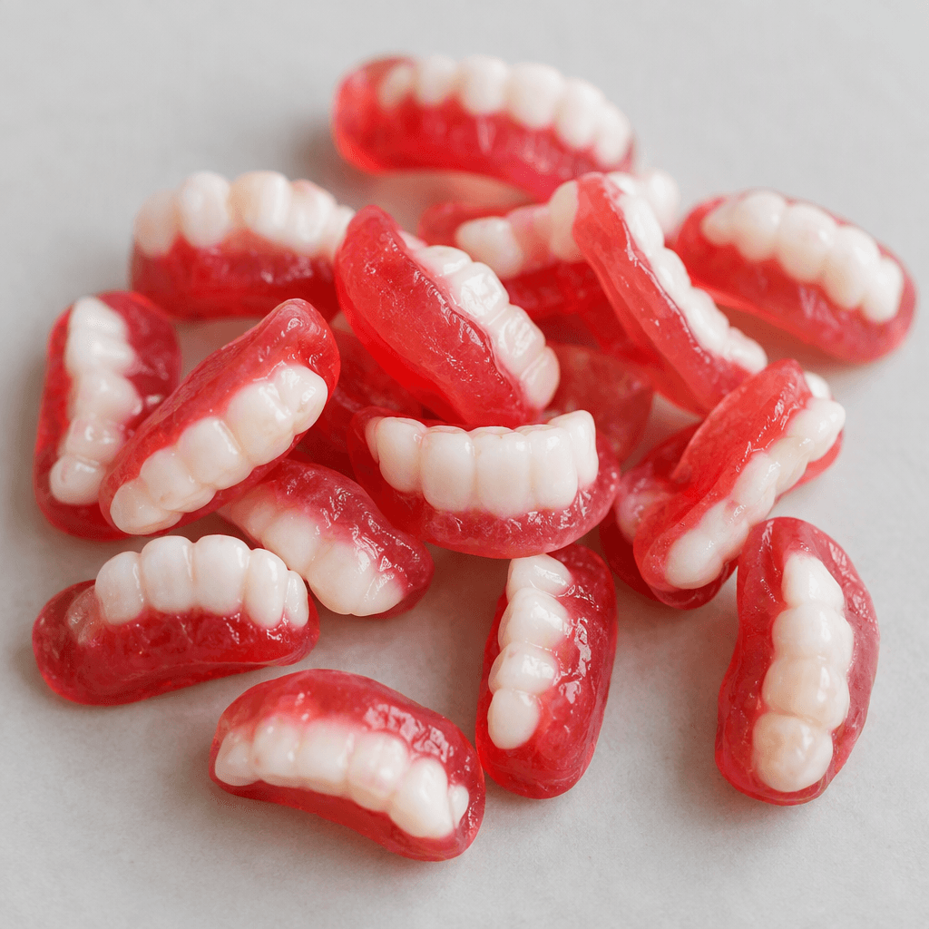 Small, glossy gummy pieces shaped like rows of teeth, with opaque white teeth set in translucent pink-red gums, scattered on a plain surface.